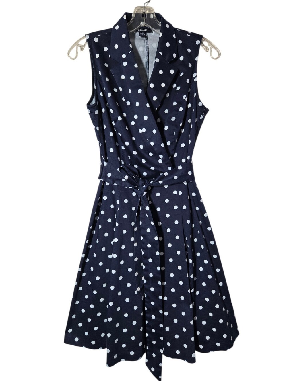 CHAPS Ralph Lauren Blue White Polka Dot Sleeveless Tie Waist Faux Wrap Dress